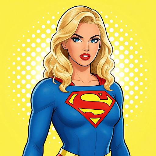 Digital drawing of a blonde woman with blue eyes, wearing a blue Superwoman costume with a red and yellow 
