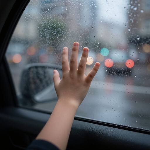 Photograph of a pale hand with slightly curled fingers pressed against a rainy car window, showcasing blurred city lights and wet droplets.