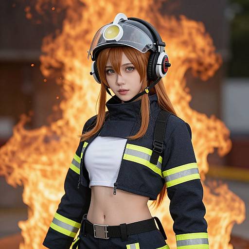 Photograph-style digital art of a young, fair-skinned woman with red hair, wearing a firefighter helmet, black and yellow jacket, white crop top