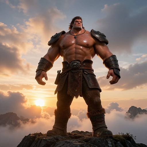 Photograph of a muscular, shirtless warrior with dark hair, wearing leather armor and skirt, standing on a rocky peak at sunset with dramatic, cloudy