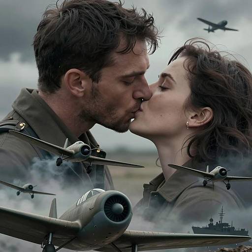 Romantic Kiss Amidst Wartime Chaos