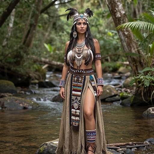 Photograph of a Native American woman with dark hair, wearing elaborate headdress, beaded jewelry, and traditional attire, standing in a lush forest by