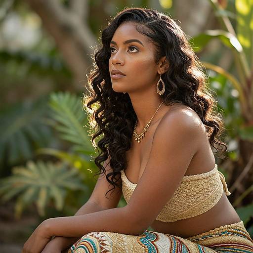 Photograph of a beautiful, dark-skinned woman with long, wavy black hair, wearing a gold crop top and patterned skirt, sitting in