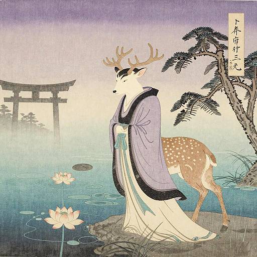 Digital art: Deer in a traditional Japanese robe stands by a pond with lotus flowers, torii gate, and pine trees in the background.