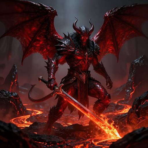 Digital artwork of a demonic warrior with red glowing eyes, black armor, and large wings, wielding a fiery sword in a lava-filled, rocky landscape.