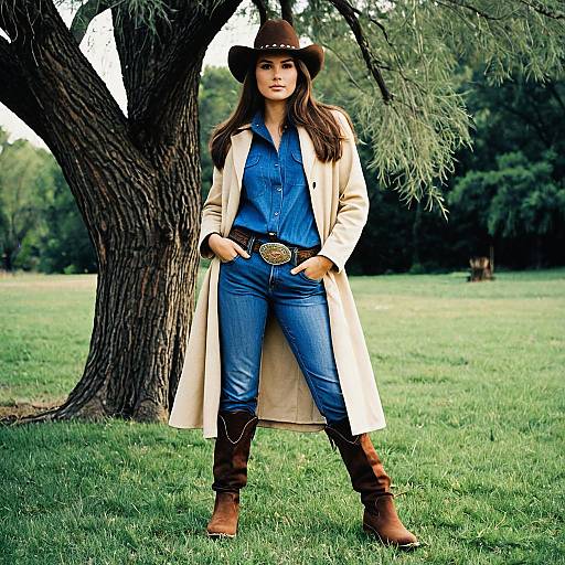 Woman in Cowboy Duster Coat Outdoors