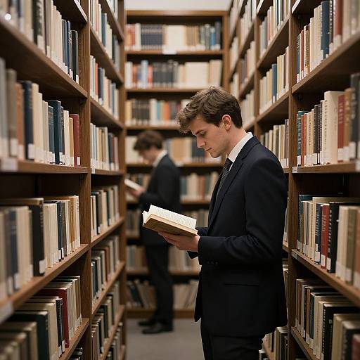 Photograph of a young man in a black suit, standing in a library aisle, reading a book, surrounded by tall wooden bookshelves filled with