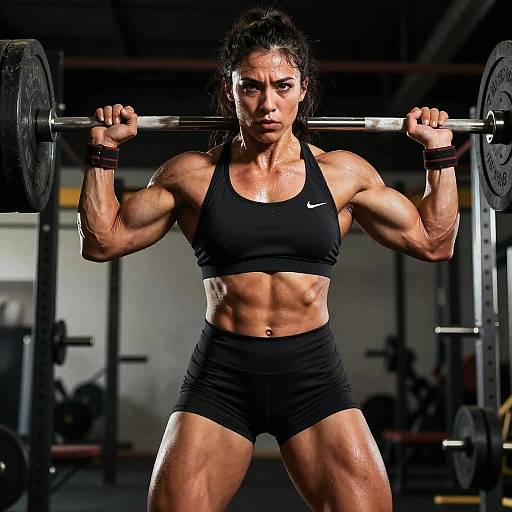 Photograph of a muscular, tan-skinned woman with dark hair in a ponytail, lifting a barbell in a dimly lit gym. She