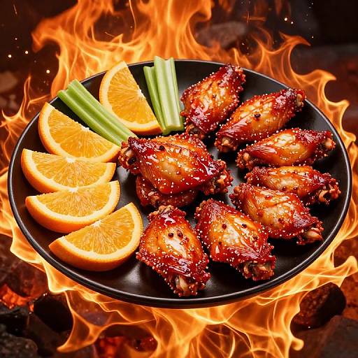 Photograph of glazed chicken wings, orange wedges, and celery sticks on a black plate, surrounded by vivid orange flames.
