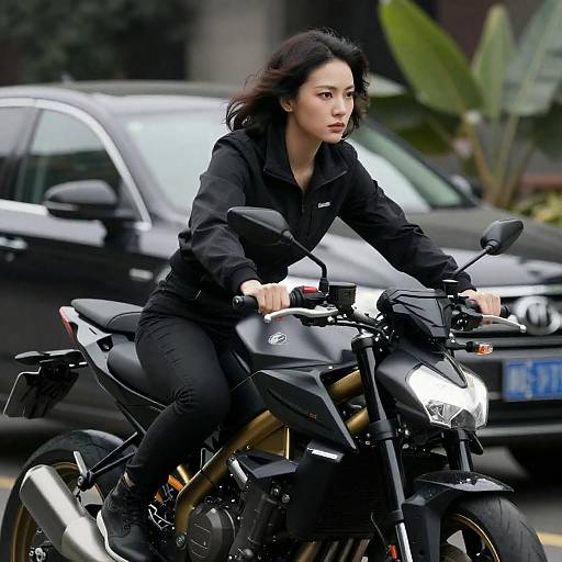 Woman Riding Black and Gold Motorcycle