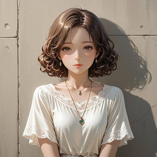 Realistic Portrait of Woman with Curly Brown Hair and Jewelry