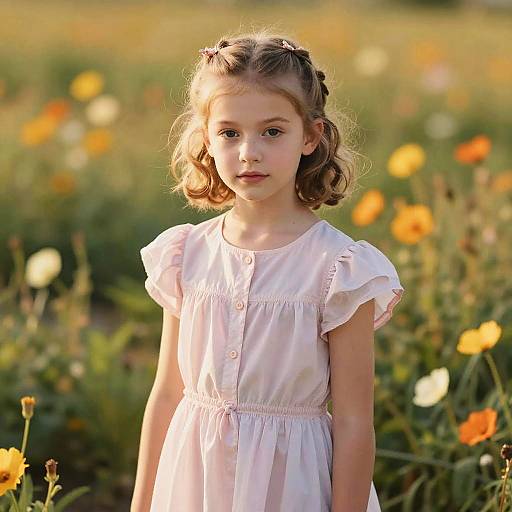 Photograph of a young girl with light brown curly hair, wearing a white dress with pink buttons, standing in a sunny field of orange and yellow flowers