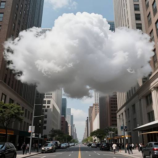 Photograph of a city street with tall buildings, a large white cloud hovering above, pedestrians, cars, and blue sky in the background.