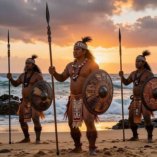 Photograph of three muscular Indigenous warriors with feathered headbands, traditional skirts, and tribal armor, holding spears and shields, at sunset on a