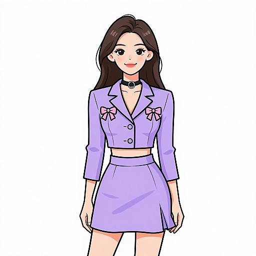 Digital anime-style drawing of a smiling woman with long brown hair, wearing a light purple crop jacket and skirt with pink bows, black choker, and