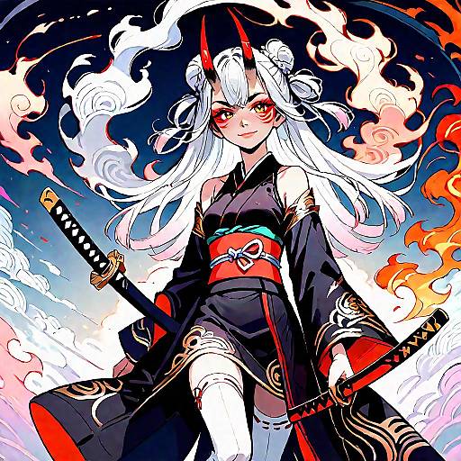 Oni Girl in Kimono with Katana