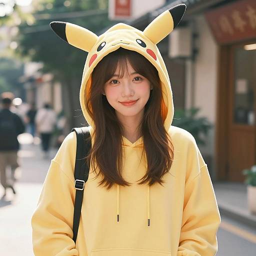 Young Woman in Pikachu Hoodie Outdoors