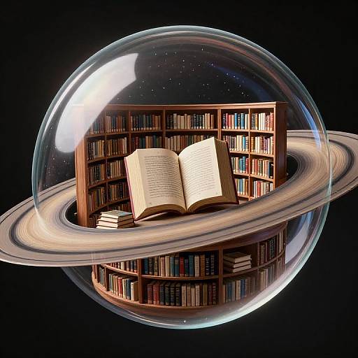 Digital illustration of a transparent bubble encasing an open book and a floating bookshelf with colorful books, set against a starry black background.