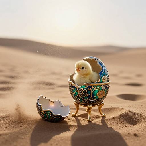 Photograph of a fluffy yellow chick nestled in an ornate, colorful, broken eggshell bowl on golden-legged stand, on sandy beach.