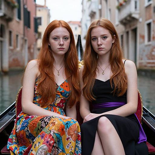 Photograph of two red-haired women with pale skin, sitting on a gondola in a Venice canal, one in colorful floral dress, one in