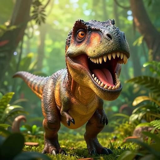 Photorealistic CGI of a excited, orange-and-green dinosaur with sharp teeth, standing in a sunlit, lush forest with ferns and trees.