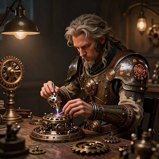 Photograph-like CGI of a bearded, silver-haired man in intricate, metallic armor, meticulously working on a clockwork device under a dim, industrial