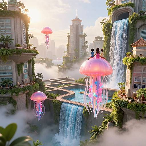 Digital artwork of a futuristic cityscape with glowing pink jellyfish, cascading waterfalls, lush greenery, and misty skyscrapers at sunset