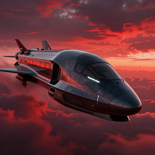 Photorealistic digital artwork of a sleek, black, futuristic jet aircraft flying through a dramatic, red and purple sunset sky with vibrant clouds.