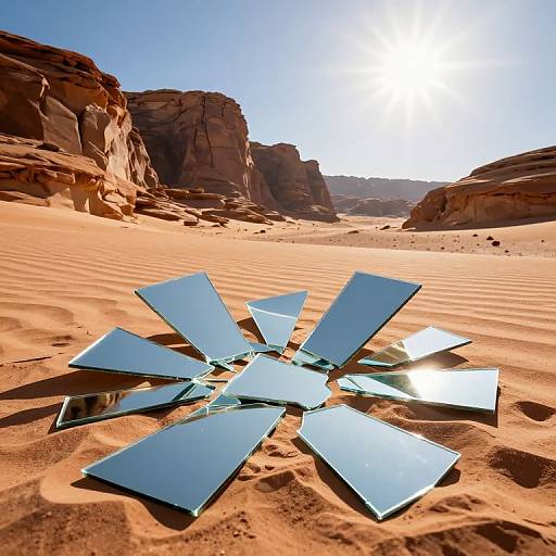Photograph of reflective glass shards scattered on sunlit desert sand with towering red rock formations under a bright, clear blue sky.