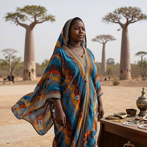 Photograph of an African woman in a colorful, patterned traditional dress, standing in a sunlit, sandy savanna with tall acacia trees,