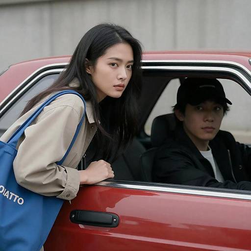 Asian Woman Leaning on Red Car with Man Inside