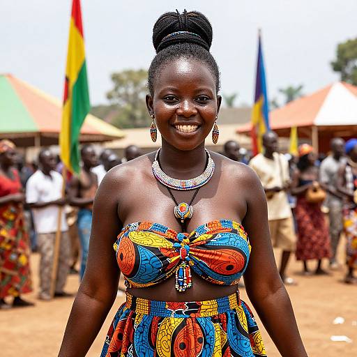 Photograph of a smiling Black woman with dark skin, wearing a vibrant, colorful, strapless African dress and silver jewelry, standing in a crowded outdoor