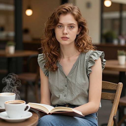 Photograph of a young woman with curly red hair, wearing a grey ruffled blouse, sitting at a café table with steaming coffee, reading a