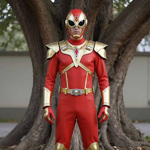 Photograph of a person in a red and gold superhero costume with a helmet and mask, standing in front of a large tree. Costume features gold shoulder