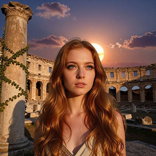 Photograph of a young woman with long, wavy auburn hair, blue eyes, and fair skin, standing in ancient Roman ruins at sunset