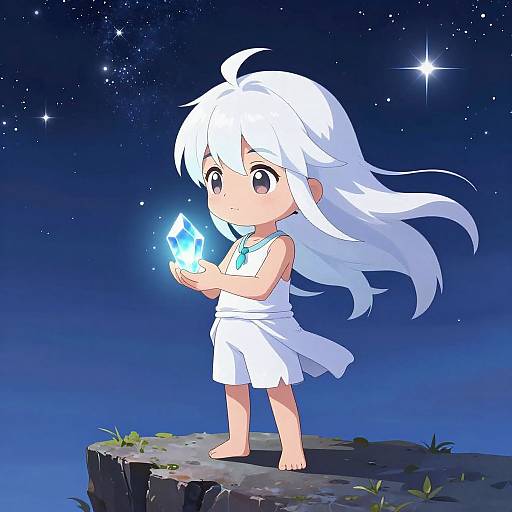 White-Haired Anime Boy with Crystal