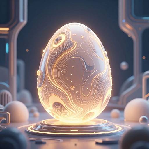 Glowing, translucent, orb with swirling, neon patterns centered in futuristic, metallic environment. Bright, warm light contrasts with cool, dark background.