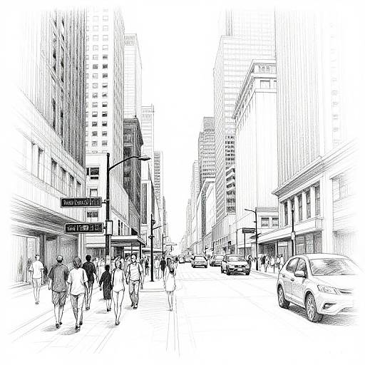 Black-and-white sketch of a bustling urban street, featuring pedestrians, cars, and tall buildings with signs, creating a lively city scene.