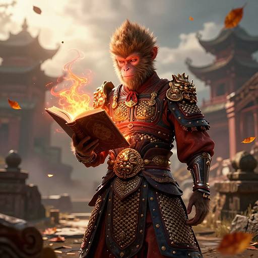 Digital artwork of a fierce, armored monkey sorcerer with glowing red eyes, conjuring fire from an open book in a ruined, ancient Asian temple setting