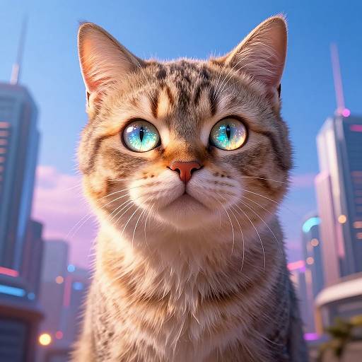CGI image of a tabby cat with glowing blue eyes, standing in a futuristic cityscape with neon-lit skyscrapers.