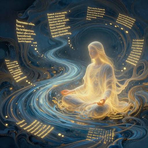 Digital art: Glowing, serene woman in white meditates in a swirling, cosmic blue river, surrounded by floating golden text and lights.