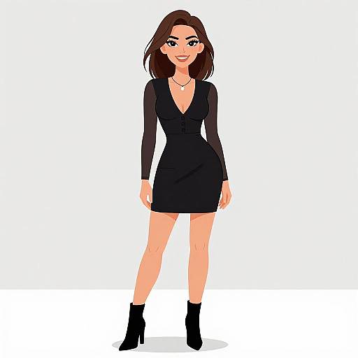 Digital illustration of a confident woman with straight brown hair, wearing a black, long-sleeve, V-neck dress, black ankle boots, and a
