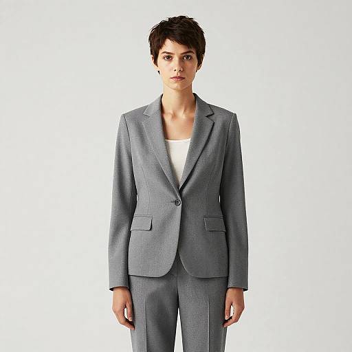 Photograph of a short-haired woman in a gray blazer and matching trousers, standing against a plain white background, looking directly at the camera.