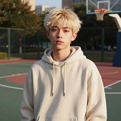Photograph of a young, blonde, fair-skinned boy with tousled hair, wearing a white hoodie, standing on an outdoor basketball court.