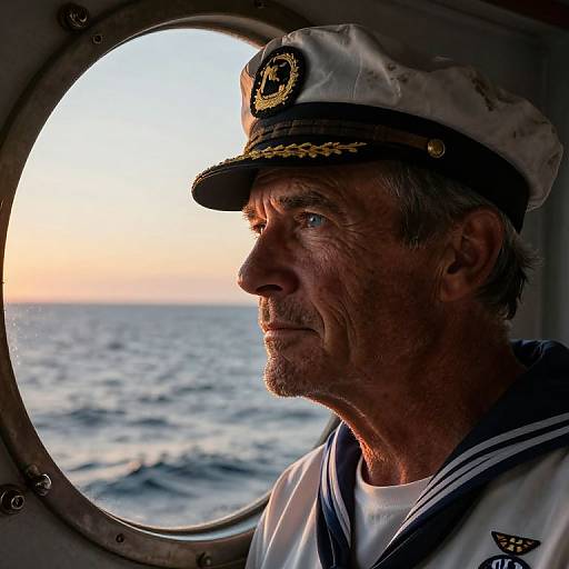 Photograph of a seasoned, middle-aged white male sailor with weathered skin and blue eyes, wearing a white naval cap and uniform, gazing at
