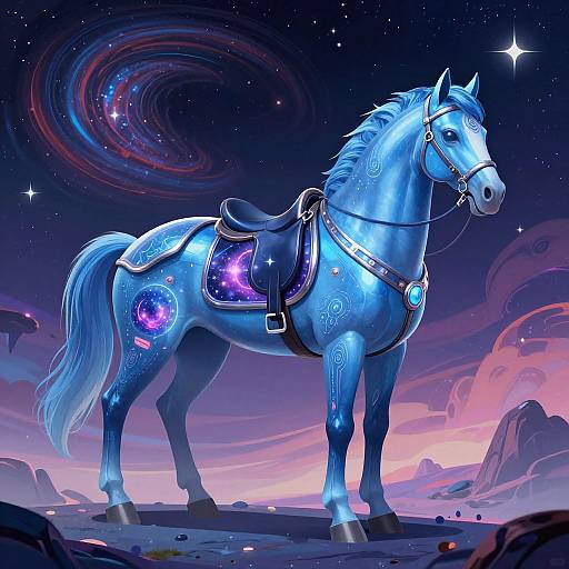 Digital artwork of a glowing blue horse with celestial patterns, standing in a starry, cosmic landscape with nebulae and mountains.