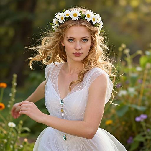 Photograph of a blonde, blue-eyed woman with a daisy crown, wearing a white, sheer, sleeveless dress, standing in a sunlit