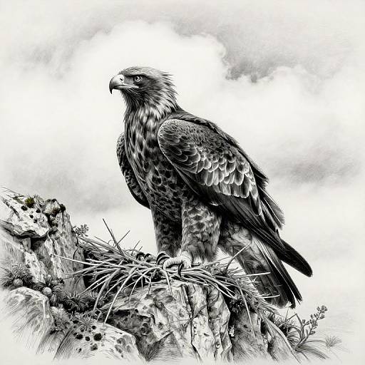 Black-and-white digital drawing of a detailed, realistic eagle perched on rocky ground, with intense expression, sharp talons, and textured feathers.