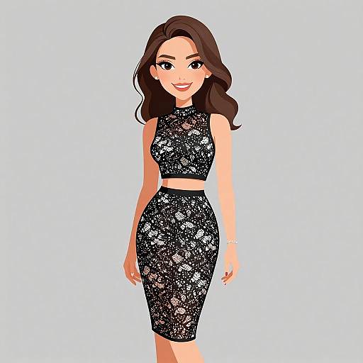 Digital illustration of a smiling woman with wavy brown hair, wearing a black lace sleeveless crop top and high-waisted skirt, standing against a