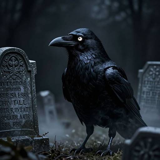 Photograph-like digital art of a glowing-eyed black raven standing among eerie, fog-covered gravestones in a dark, moody cemetery at night